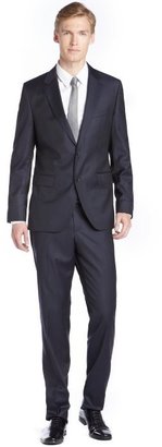 HUGO BOSS dark blue pinstripe wool two button 'Super 130' suit with flat front pants