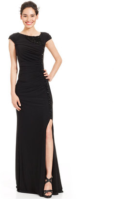 JS Boutique Cap-Sleeve Beaded Side-Slit Gown