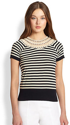 Tory Burch Daisy Embellished Striped Sweater