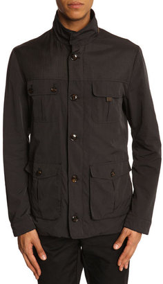 Ted Baker Nylon Navy Parka with Leather Detail and Patterned Lining