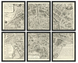 Vintage Print Gallery Map of Paris, Set of 6