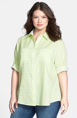 Foxcroft Ikat Dot Print Shaped Cotton Shirt (Plus Size)