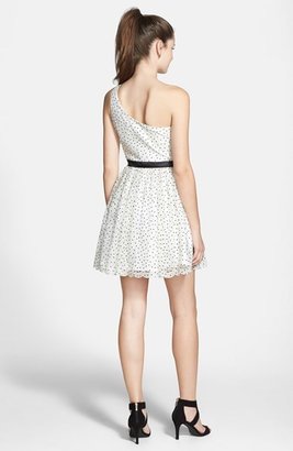 Hailey Logan Polka Dot Print Lace One-Shoulder Fit & Flare Dress (Juniors)