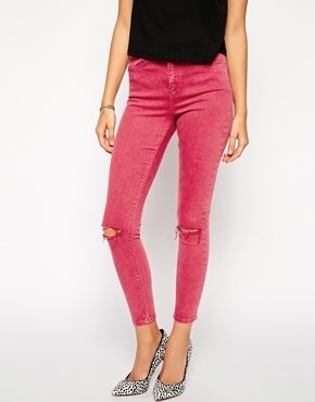ASOS Ridley Skinny Ankle Grazer Jeans in Rose Plum with Ripped Knees - Pink