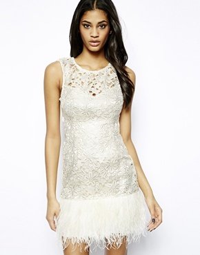 Lipsy VIP Waxed Lace Dress with Feather Trim - Cream