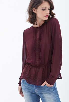Forever 21 Contemporary Sheer Embroidered Peplum Top