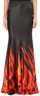 Roberto Cavalli Fire-print silk-satin maxi skirt