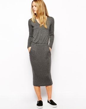 Only Long Sleeve Midi Dress With Elastic Waist - grey