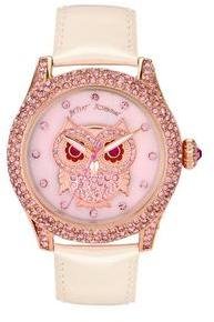 Betsey Johnson Pink Stone Encrusted Owl Stone Set Dial, White Patent Leather Strap Ladies Watch
