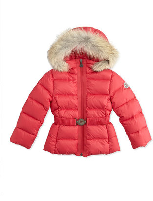 Moncler Girls' Angers Puffer Jacket with Fur Trim, Bright Pink
