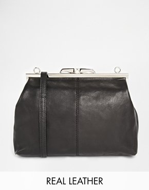 Vagabond Leather cross Body Bag with Metal Clip Fastening - Black