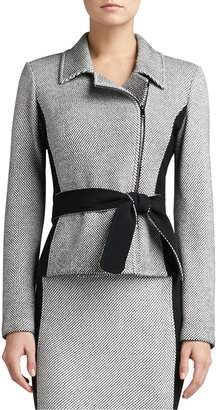 St. John Birdseye Tweed Knit Jacket with Contrast Crepe Marocain & Belt