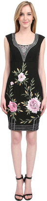 Sue Wong Floral Embroidered Cap Sleeve Dress in Black