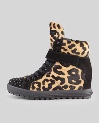 Miu Miu Leopard-Print Calf Hair Wedge Sneaker