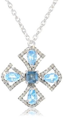 Badgley Mischka Fine Jewelry Blue Topaz Maltese and Champagne Diamonds Cross Pendant Necklace, 18"