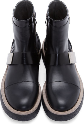 Calvin Klein Collection Black Leather Brushed Metal Buckle Boots