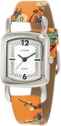 Pedre Women's 6765SX Silver-Tone/ Orange Asian Floral Strap Watch