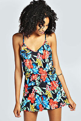 boohoo Tabitha Tropical Print String Back Playsuit Summer Dress Jumpsuit Shorts