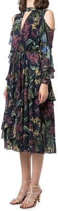 Marchesa Notte Floral-Print Cold-Shoulder Ruffle Midi Dress