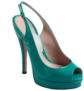 Gucci emerald patent leather peep toe slingback pumps