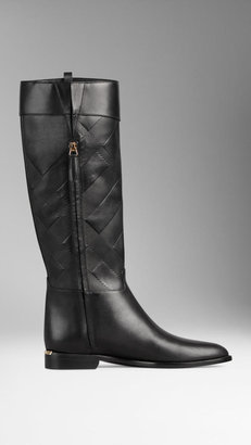 Burberry Embossed Check Panel Leather Riding Boots