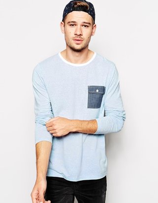 ASOS Long Sleeve T-Shirt In Nepp Fabric With Chambray Pocket - Blue