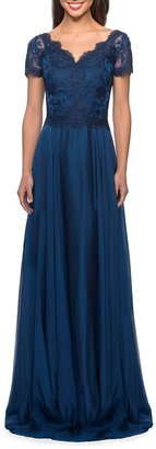 La Femme Lace Bodice Chiffon A-Line Gown