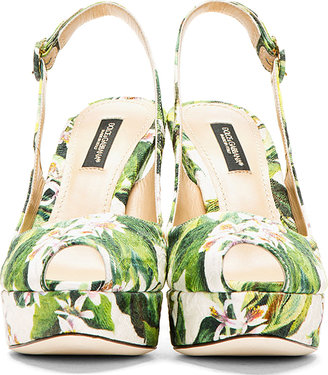 Dolce & Gabbana Green Floral Print Sligback Peeptoe Heels