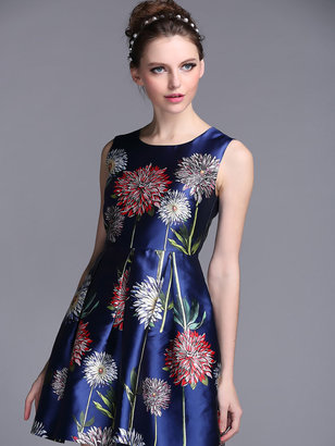 Choies Blue Floral Print Sleeveless Skater Dress