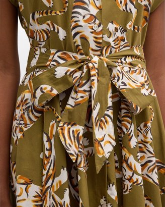 Sara Roka Danielle Cap-Sleeve Tiger-Print Midi Shirtdress