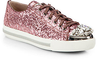 Miu Miu Glitter Jeweled Lace-Up Sneakers