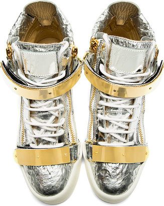 Giuseppe Zanotti Silver Textured Leather Metal Accent High-Top Sneakers