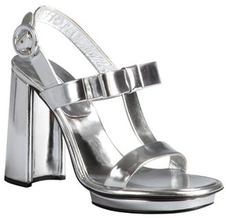 Prada silver metallic leather bow embellished t-strap block heel sandals