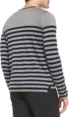 Vince Striped Wool/Cashmere Henley, Gray/Navy