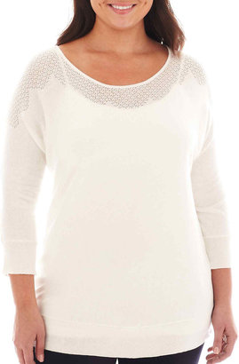 JCPenney A.N.A a.n.a 3/4-Sleeve Pointelle-Neck Sweater - Plus
