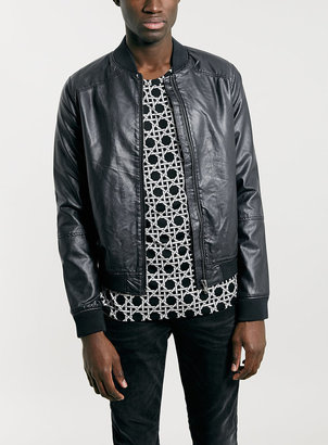 Topman Navy Faux Leather Bomber