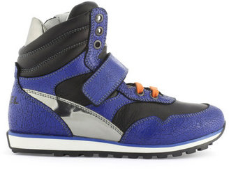Diesel blue and black leather trainers with orange laces
