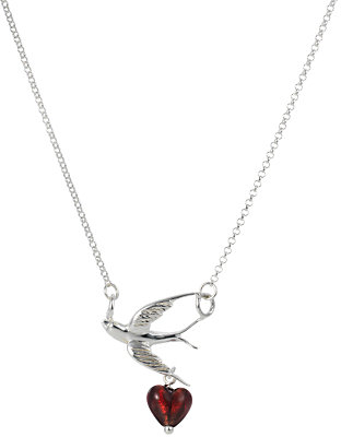 Murano Martick Swallow and Cranberry Heart Pendant Necklace