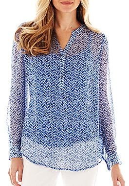 Liz Claiborne Long-Sleeve Woven Henley Top with Cami