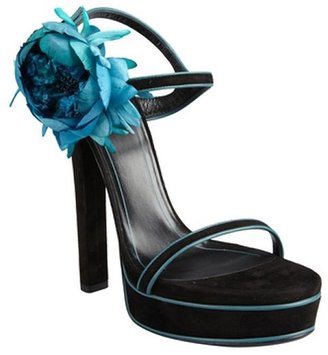 Gucci black and aqua suede flower platform sandals