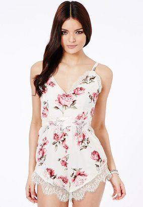 Missguided Cream Floral Eyelash Lace Playsuit