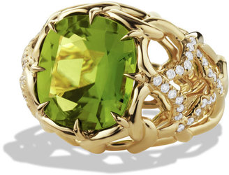 Dvid Yurmn Venetian Quatrefoil Ring with Peridot and Diamonds in Gold, Sz 7
