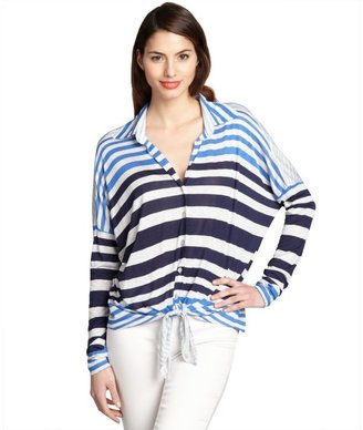 Wyatt blue and grey striped jersey knit tie front long sleeve top