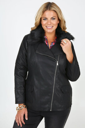 Yours Clothing Black Quilted PU Biker Jacket With Removable Faux Fur Collar
