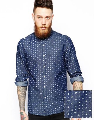 ASOS Denim Shirt In Long Sleeve With Icon Print
