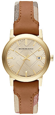 Burberry BU9133 Women's The City Leather Strap Haymarket Trim Watch, Tan  Gold