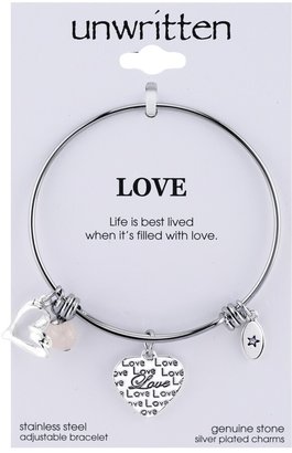 Unwritten Love Charm and Rose Quartz (8mm) Bangle Bracelet in Stainless Steel with Silver Plated Charms
