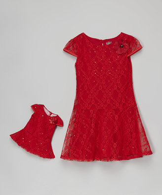 Dollie & Me Red Sequin Lace Cap-Sleeve Dress & Doll Dress - Girls