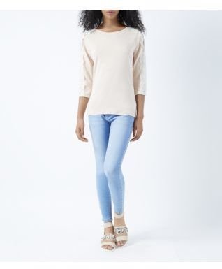 New Look Shell Pink Lace Panel Sleeve Top