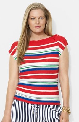 Lauren Ralph Lauren Lace-Up Shoulder Stripe Linen & Cotton Top (Plus Size)